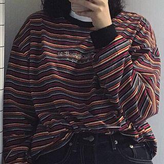 Long-sleeve Embroidered Letter Striped T-shirt Stripe - One Size