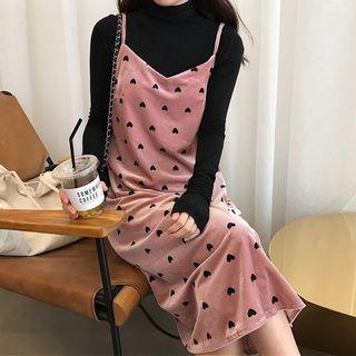 Mock Turtleneck Long-sleeve Top / Spaghetti Strap Heart Pattern Midi Velvet Dress