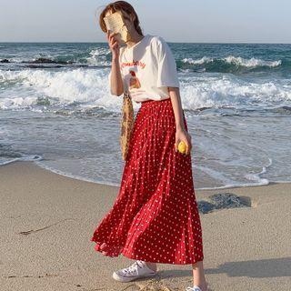 Short-sleeve Pancake Print T-shirt / Dotted Midi A-line Skirt / Set