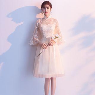 Elbow-sleeve Midi Mesh Prom Dress