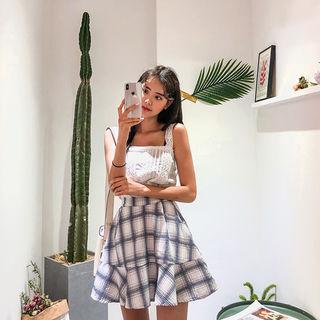 Set: Sleeveless Lace Top + Plaid Flare Skirt