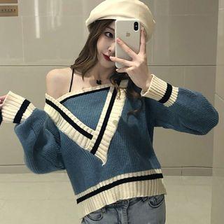 One-shoulder Contrast Trim Sweater