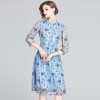 3/4-sleeve Floral Print A-line Lace Dress