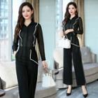 Set: Contrast Trim Blouse + High Waist Wide-leg Pants