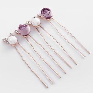 Set Of 4: Rhinestone Faux Pearl / Flower Hair Stick