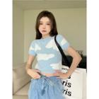 Short-sleeve Jacquard Knit Top White & Blue - One Size