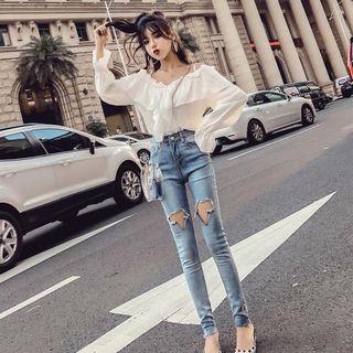 Set: Ruffle Trim Long-sleeve Top + Distressed Skinny Jeans