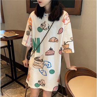 Printed Short-sleeve Long T-shirt White - One Size