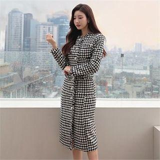 Fray-edge Faux-pearl Houndstooth Dress