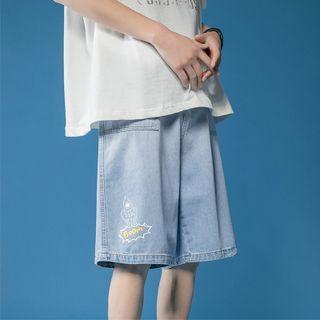 Rocket Print Denim Wide-leg Shorts