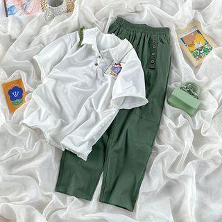 Short-sleeve Embroidered Polo Shirt / Harem Pants
