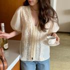 Short-sleeve Perforated Blouse Almond - One Size