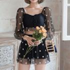 Set: Puff-sleeve Flower Print Tankini + Swim Skirt