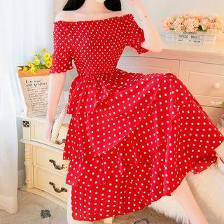 Short-sleeve Dot Print Off-shoulder Tiered Midi Dress