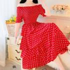 Short-sleeve Dot Print Off-shoulder Tiered Midi Dress