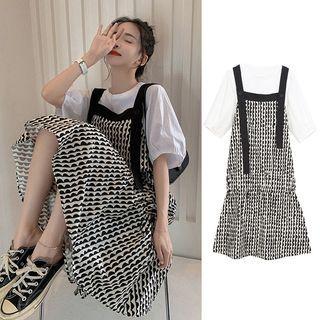 Short-sleeve Blouse / Sleeveless Plaid Dress / Set