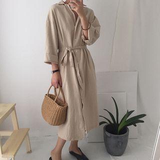 Long-sleeve Plain Shirtdress With Belt