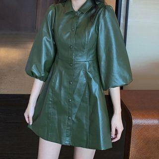 Balloon-sleeve Mini A-line Faux Leather Shirtdress