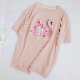 Swan Print Sequined Short-sleeve T-shirt
