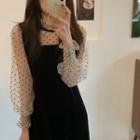 Puff-sleeve Dotted Midi A-line Dress Black - One Size