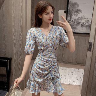 Flower Print Drawstring Short-sleeve Mini A-line Dress