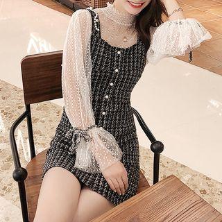 Set: Sheer Lace Blouse + Sleeveless Mini Tweed Dress