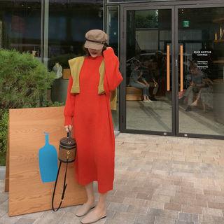 Mock-neck Long Rib-knit Dress