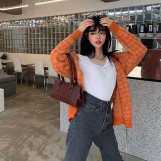 V-neck Drop-shoulder Checked Cardigan