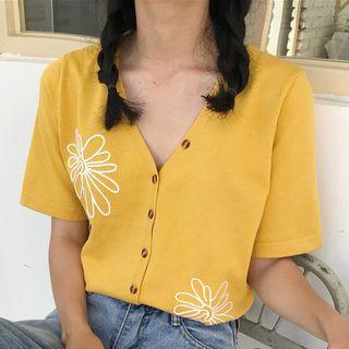 Flower Short-sleeve V-neck Buttoned Top