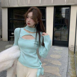 Mock-neck Cutout Knit Top / Slit-hem Boot-cut Pants