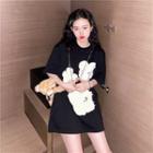 Flower Elbow-sleeve T-shirt Black - One Size