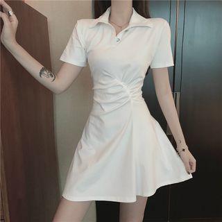 Short-sleeve Asymmetric Crinkled A-line Mini Polo Dress