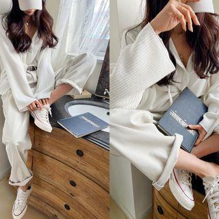 Button-detail Rib-knit Hoodie Ivory - One Size