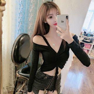 Cold Shoulder Drawstring Long-sleeve Crop Top Black - One Size