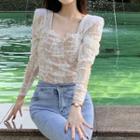 Long-sleeve Square Neck Ruched Lace Top