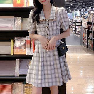 Short-sleeve Frill Trim Plaid A-line Mini Dress
