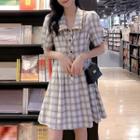 Short-sleeve Frill Trim Plaid A-line Mini Dress