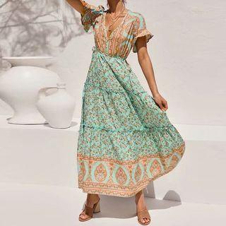 Floral Drawstring Ruffle-trim Short-sleeve Maxi A-line Dress