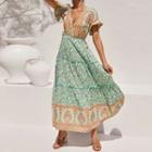 Floral Drawstring Ruffle-trim Short-sleeve Maxi A-line Dress