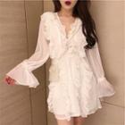 Long-sleeve Ruffled Chiffon A-line Mini Dress White - One Size