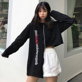 Long-sleeve Lettering Asymmetric T-shirt