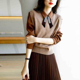 Set: Long-sleeve Shirt + Sweater Vest + Pleated Midi A-line Skirt
