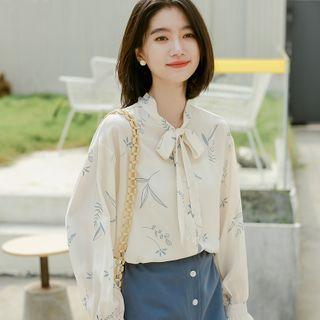 Long-sleeve Floral Print Tie-neck Blouse Off-white - One Size