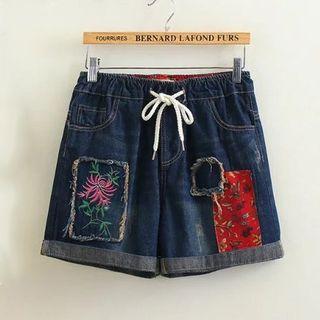 Floral Print Applique Drawstring Denim Shorts