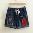 Floral Print Applique Drawstring Denim Shorts