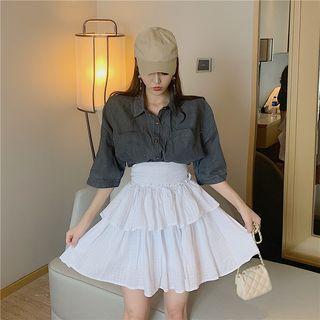 Front Pocket Denim Shirt / Strapless Ruched Ruffle Mini Dress
