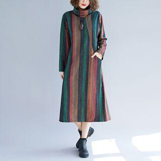 Striped Long Sleeve Turtleneck Midi Dress