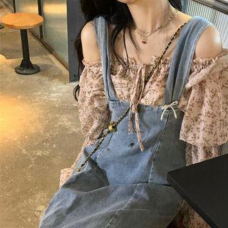 Bell-sleeve Off-shoulder Floral Blouse / Denim Midi A-line Overall Dress