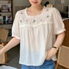 Square Neck Floral Embroidered Top Cream - One Size