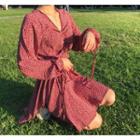 Long-sleeve Flora-print Crinkled A-line Dress